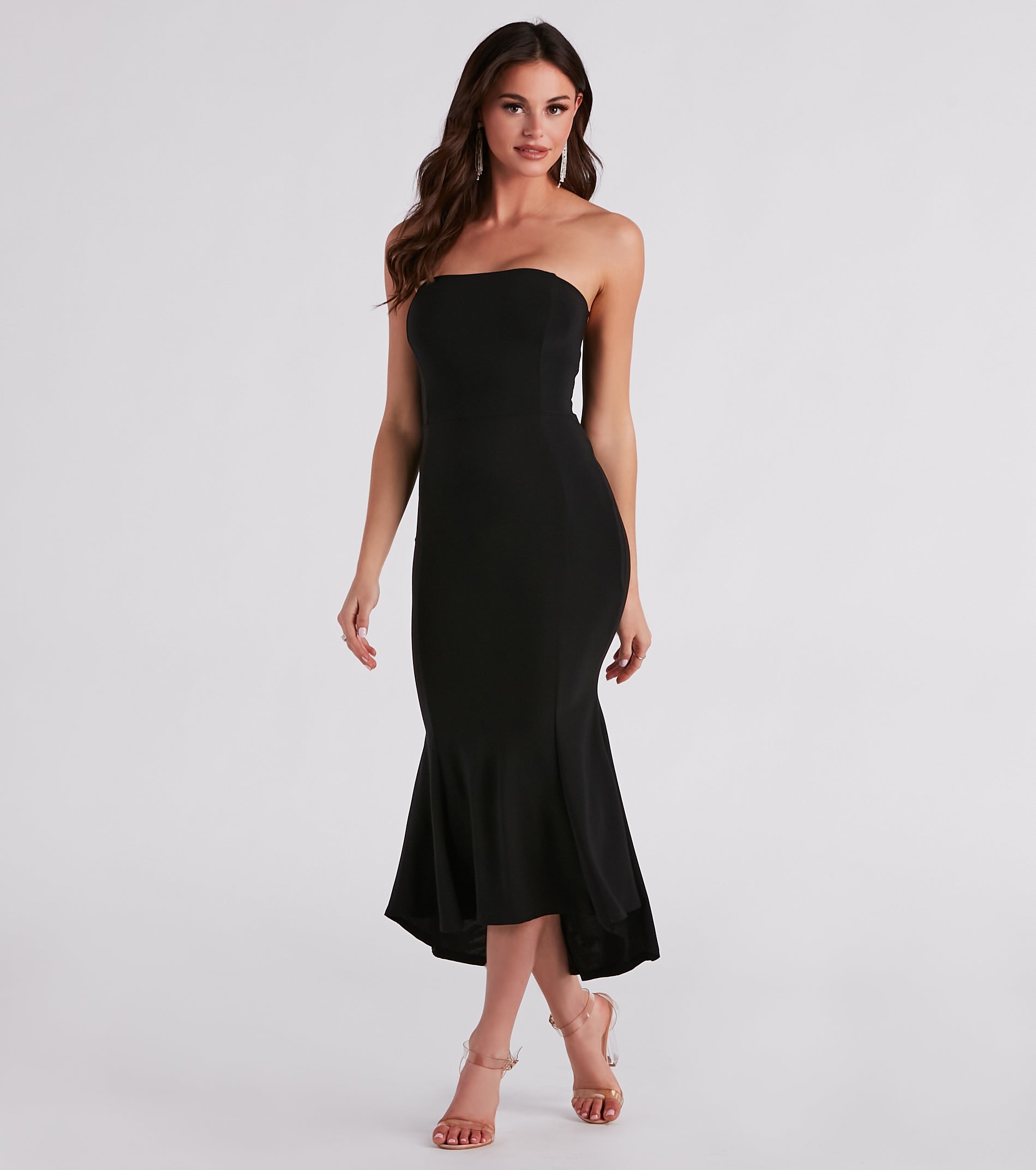 Strapless High-Low Midi Dress